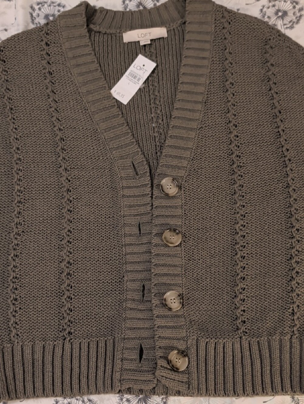 NWT - LOFT Olive Green Cropped Short-Sleeve Button Cardigan - Picture 2 of 7